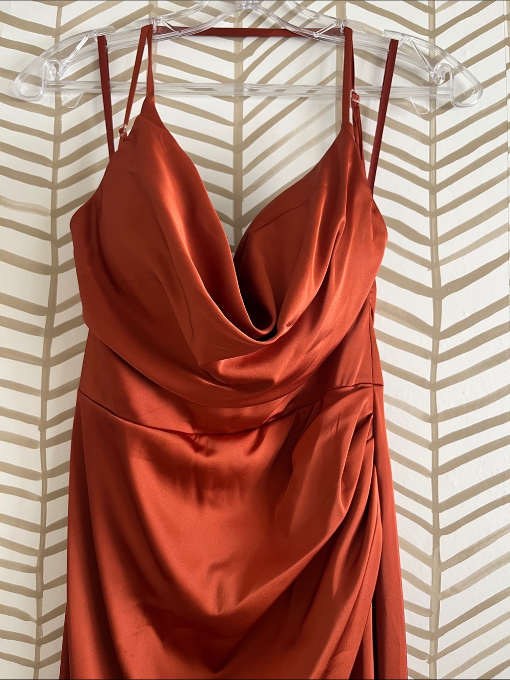 Satin Cowl Neck Rust Orange Slip Dress with Front Slit